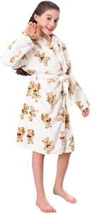 V.&GRIN Girls Fleece Robe, Plush Hooded Soft Fuzzy Warm Fluffy Bathrobe for Kids 5-14 Years（Little Bear 7-8）