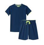 DaniChins Boys Loose Athletic Short-Sleeve Shirt and Active Mesh Shorts Set, Navy, 8