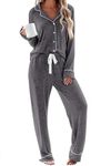 Ekouaer Pajamas Women's Long Sleeve Sleepwear Casual Button Down Loungewear Soft Pjs Set S-XXL Grey