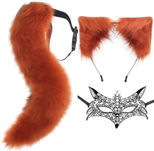 DRESHOW Piel Sintética Orejas y Cola de Lobo Zorro y Mascaras Venecianas de Encaje Conjunto de Cosplay para Halloween, Navidad, Fiesta, Accesorios de Disfraz