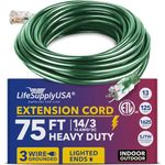 75ft Power Outdoor Extension Cord & Indoor - Waterproof Electric Drop Cord Cable - 3 Prong SJTW, 14 Gauge, 13 AMP, 125 Volts, 1625 Watts, 14/3 ETL Listed by LifeSupplyUSA - Green (1 Pack)