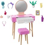 Barbie HJV35 Furniture and Accessories, Doll House Decor Set with Vanity Theme Including Mirror, Stool and Beauty Products