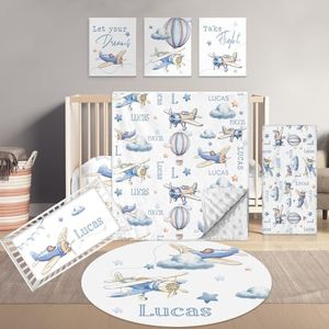 Terwex Personalized Baby Bedding Set, 5 Pcs Custom Name Bedding for Girls & Boys - Soft Toddler Crib Sets for Infant Customized Gifts, Blue Plane