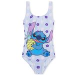 Disney Girls One Piece Swimming Costume, Comfortable Stretchy Swimsuit - Girls Gifts (Lilac Stitch, 9-10 Years)