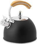 Whistling Tea Kettle, Stainless Steel - Modern, Polished Tea Pot Kettle with Wooden Handle Whistling Handle for Gas, Induction, Ceramic Stovetops - Cooktop Kettles (Black)