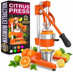 Cast Iron Juicer Hand Press, Manual Juicer, Citrus & Orange Juice Press | Heavy-Duty Juicer, Manual Citrus Press & Orange Squeezer for Lemon & Lime; 4 3/4 in Bowl, 10 oz Cup, Cone & Strainer; Orange