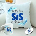 PICRAZEE Polyester Best Sis In The World Gift For Sister On Her Birthday (1 Pc 12 X12 Satin Cushion With Filler, Coffee Mug& Fridge Magnet, Best Sis In The World)