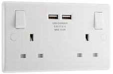 BG Electrical Double Switched Power Wall Plug Socket with Two USB Charging Ports, Round Edge, White Moulded, 13A, 15W, 822U3