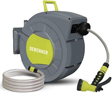 DEWINNER Enrollador de manguera de riego, automático de 25 + 2 m, enrollador automático de pared con boquilla de pulverización, soporte de rebobinado automático