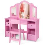 COSTWAY Kids Vanity Set, Children Dressing Table with Stool, Tri-Folding Detachable Mirror, 4 Storage Bins, Girls Makeup Tables for Playroom Bedroom (Pink)