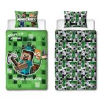 Character World Minecraft Official Single Duvet Cover Set | Block Check Gaming Design Reversible 2 Sided Bedding Including Matching Pillow Case | Single Bed Set