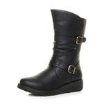 AJVANI Low Wedge Heel Ruched Buckle Winter Comfort Calf Boots Size 4 37 Black Matte