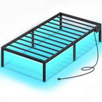 Rolanstar Bed Frame with USB Charging Station, Twin Bed Frame with LED Lights, Platform Bed Frame with Heavy Duty Steel Slats, 14" Storage Space Beneath Bed, No Box Spring Needed, Noise Free, Black