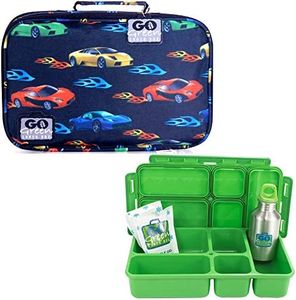 Go Green Lunch Box Set • 5 Compartment Bento LeakProof Lunch Box • Insulated Carrying Bag • Beverage Bottle • Gel Freezer Pack | Adults and Kids (Fast Flames - Cars)