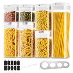 Pasta Food Storage Containers Kitchen: 7Pcs Airtight Cereal Storage Jars Plastic Spaghetti Boxes Set with White Easy Lock Lids Stackable Clear Canisters for Flour Rice Bpa Free Pantry Organiser