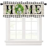 Welcome Home Kitchen Valances Curtains for Windows Green Wreath Rod Pocket Valances for Living Room Bathroom ,1 Panel Black Plaid Retro Wood Board ?Short Topper Treatments Curtains Over Sink, 54x18in