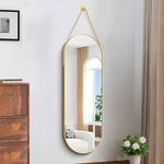 KOCUUY Oval Full Length Mirror with Hanging Leather Strap, 16"x48" Gold Metal Frame Hanging Mirror, Full Body Dressing Mirror Wall Door Mirror for Bathroom Vanity Living Room Bedroom Entryway