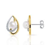 PLANETYS - 925 Sterling Silver Rhodium Finishing Earrings Gold plated Cultured Pearls Cubic Zirconia
