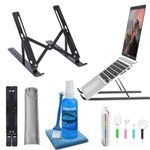 Sounce Adjustable Laptop Stand Combo with 3 in 1 100ml Cleaning Set & Cable Protector Spiral, Aluminum Foldable Ventilated Portable Holder for up to 15.6 inch Laptops, Mac (with Carry Pouch) - Black