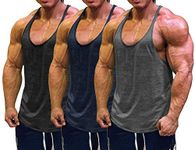 Muscle Cmdr Men's 3 Pack Stringer Tank Tops Bodybuilding Y-Back T-Shirts Gym Fitness (Black,Grey,Blue,Thin Shoulder, L)