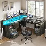 YITAHOME L Shaped Desk with Power Outlets & LED Lights, 60” Corner Computer Desk with Drawers & Lift Top, Home Office Desk with Monitor Stand & File Cabinet, Wood Height Adjustable Desk, Grey
