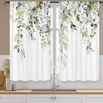 Famiffty Eucalyptus Leaves Kitchen Curtains Rod Pocket Watercolor Sage Green Leaf on The Top Floral Small Short Cafe Tier Curtains Plant Window Drape Treatment Home Decor(27.5W X 39L Inch 2 Panels)