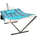 Lazy Daze Hammocks Double Outdoor Hammock with 12 ft Steel Stand, 2 Person Cotton Rope Hammock with Quilted Pad and Detachable Pillow, Spreader Bars, Mag Bag & Cup Holder, Blue Ocean Stripe