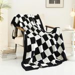 PHF Soft Checkered Throw Blanket, Knitted Check Reversible Checkerboard Blanket, Plaid Soft and Warm Reversible Blanket for Sofas and Camping Trips, Black, 50" x 60"