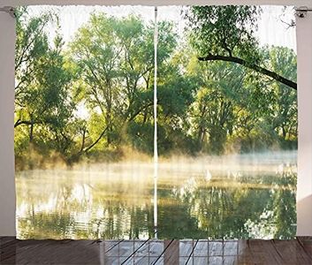 Ambesonne Nature Curtains, Surreal Misty Lake Scene in The Forest Woodland Sunny Summer Morning Image, Living Room Bedroom Window Drapes 2 Panel Set, 108" X 84", Olive and Fern Green