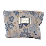 Makeup Bag for Women,Large Canvas Flowers Cosmetic Bags Travel Zipper Pouch Girls Washable Toiletry Bag Organizer,Gray Blue