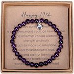 14 Year Old Girl Gifts for Birthday Amethyst Bead Bracelet with Sterling Silver Heart Charm 14th Birthday Gifts for Girls with Card and Gift Box, 7 inch, Stone, no gem style