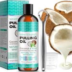 Coconut Pulling Oil - Ayurvedic Mint Oil Pulling Mouthwash with Tongue Scraper - Natural Essential Oils for Fresh Breath - Teeth Whitening Mouthwash - Alcohol-Free 8 Fl. Oz