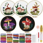 TINDTOP Embroidery Kit for Adult for Beginners, 5 Sets Mushroom Embroidery Kit for Beginners Include Embroidery Cloth Hoops Threads for Craft Lover Hand Stitch with Embroidery Skill Techniques