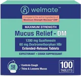 WELMATE Maximum Strength Mucus Relief DM - 1200mg Guaifenesin & 60mg DXM, 12-Hr Cough Suppressant & Expectorant, Bi-Layer Tablets, Chest Congestion Relief, Thins & Loosens Mucus - 100 Ct