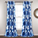 Lush Decor Room Darkening Window Curtain Panel Pair Leah Floral Insulated Grommet, 84" L, Navy and White