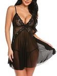 Bunanphy Lingerie Babydoll Nightwear Set for Women Chemise Sleepwear Dress with Thong Plus Size Black #B 20-22