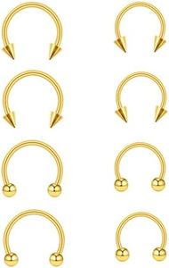 QXXPVV 8Pcs 16G Horseshoe Septum Rings Stainless Steel Nose Piercing Jewelry Cartilage Helix Tragus Daith Rook Earring Hoop Lip Rings 8mm 10mm Gold/Silver/Black for Women Men(8pcs Horseshoe Gold)