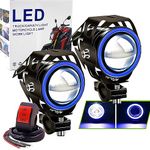 2x Motorcycle Headlights With Angel Eyes Lights U7 DRL Fog Driving Lamps for Cars Bike Boat ATV Front Spotlights Blue Color with Switch