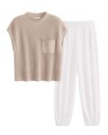 PRETTYGARDEN Women's 2 Piece Outfits Sweater Sets Knit Pullover Tops And High Waisted Pants Matching Tracksuit Sweatsuit Set (Khaki Beige White,Large)