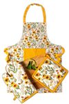 Pixel Home Printed Apron with Centre Pocket Cotton with Glove and Pot Holder (Small Flower)