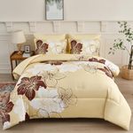 Luxudecor Floral Comforter Set Queen Size, 7 Pieces Bed in a Bag Burgundy Floral Print on Beige Comforter, Soft Microfiber Complete Bedding Sets for All Seasons