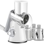 Ancevsk Rotary Cheese Grater, Manual Round Mandoline Vegetable Slicer with 3 Interchangeable Blades, Safe Food Shredder Nut Grinder for Potato, Carrot, Garlic, Walnut (White)