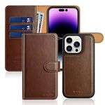 PULOKA - 2 in 1 Flip Cover for iPhone 14 Pro Max - Protective Case with Card & Cash Pockets - Detachable Flip Case, Kickstand & Magnetic Closure - Profesional & Premium Leather Finish Look -Brown