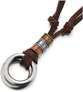 COOLSTEELANDBEYOND Retro, Dobles Abierto Círculo Perla Colgantes Collar con Colgante de Hombre Mujer, Cordón de Marrón Cuero Ajustable