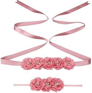 Lauthen.S Maternity Flower Sash Headband Set Women Girls Wedding Baby Shower Sash Belt Dusty Pink