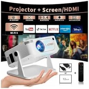 Mini Projector 1080P Native 4K, 360° Rotation & Auto Keystone, WiFi 6 & Bluetooth 5.4 – Portable Smart Projector for Home/Outdoor (Cord Required) & Travel, Includes Screen or HDMI Cable (White)