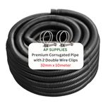 32mm x 10meter Flexible Pond Hose Corrugated Pipe with 2 Clips - Double-Wired Hose Clips for Pond Pumps, Filters, Drainage – Corrugated Water Butt Connector Pipe - Black