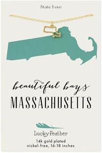 Lucky Feather Massachusetts Shaped State Necklace, 14K Gold-Dipped Pendant on Adjustable 16”-18” Chain