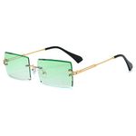 YUELUQU Retro Rimless Rectangle Sunglasses for Women Men Transparent Glasses Y2K Vintage Eyewear (Gold green)