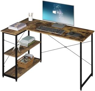 Klihome Mesa Escritorio Forma L, Escritorio de Ordenador con Estanteria Lateral de 2 Estantes, Mesa de Trabajo Esquinera, Escritorio PC de Estructura Metálica, Marrón Rústico + Negro, 120x72.5x72 cm